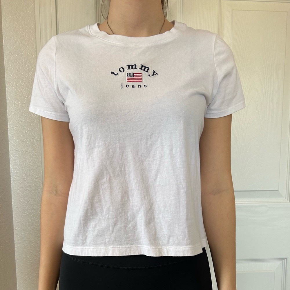 White Tommy Jeans top with blue and red embroidering on chest